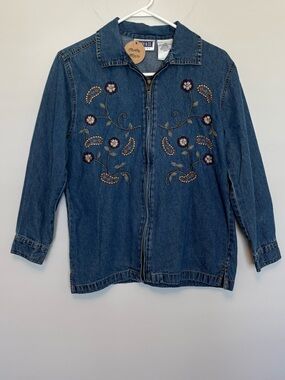 Vtg Erika & Co Embroidered Floral Denim Zip Up Jacket Petite Small